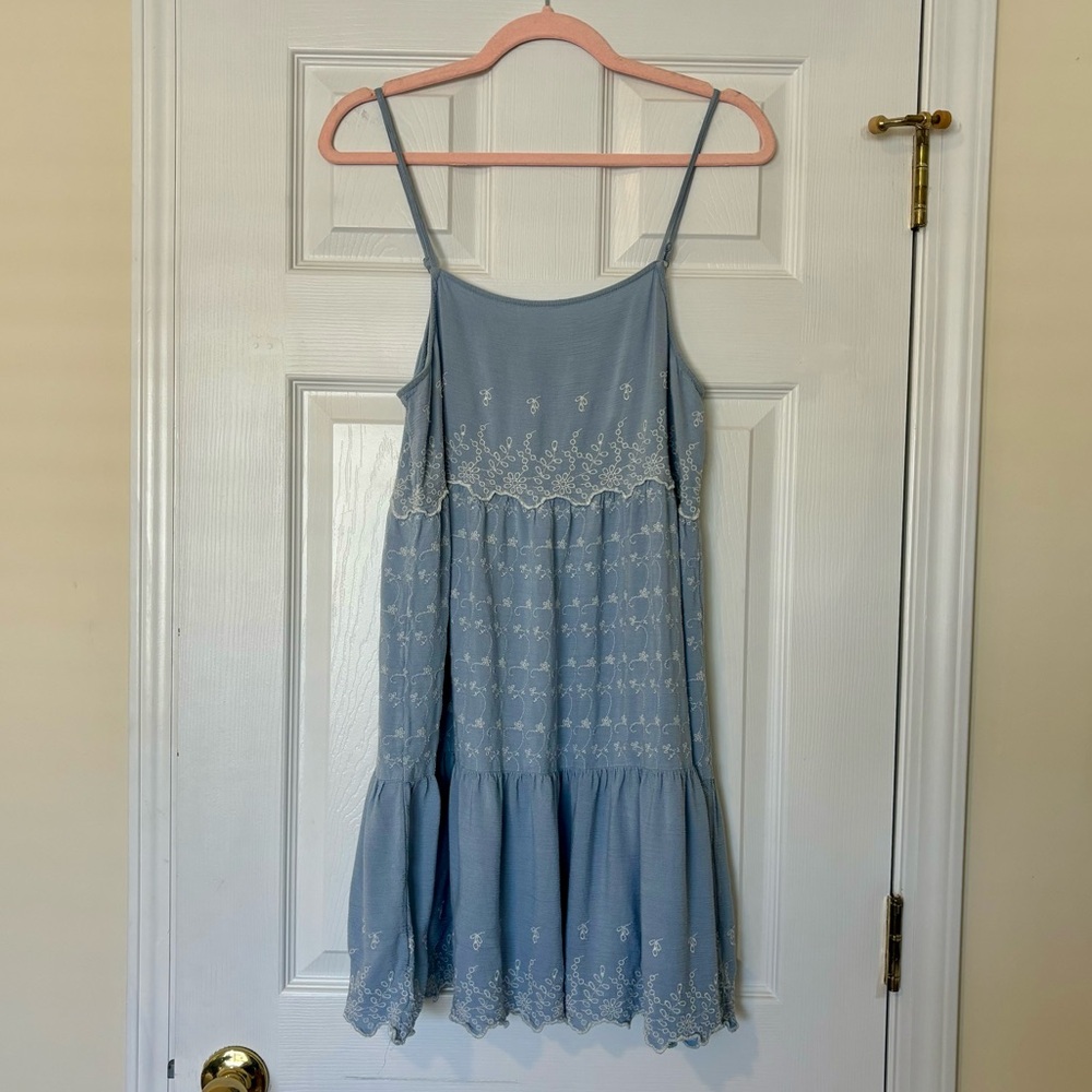 AE Solid Embroidered Tiered Babydoll Dress | Light Blue | S | Great Condition